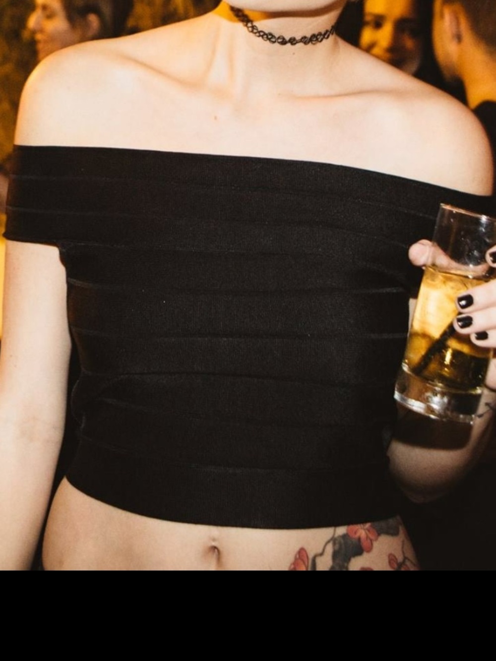 French Connection Black Off-Shoulder Crop bandage top